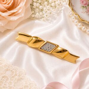 Vintage MONET Gold Tone Rhinestone Bow Bar Pin Brooch